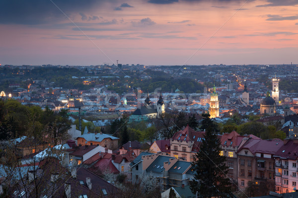 Panoramic Aerial view of old town at sundown. Lviv, Ukraine Stock photo © Taiga
