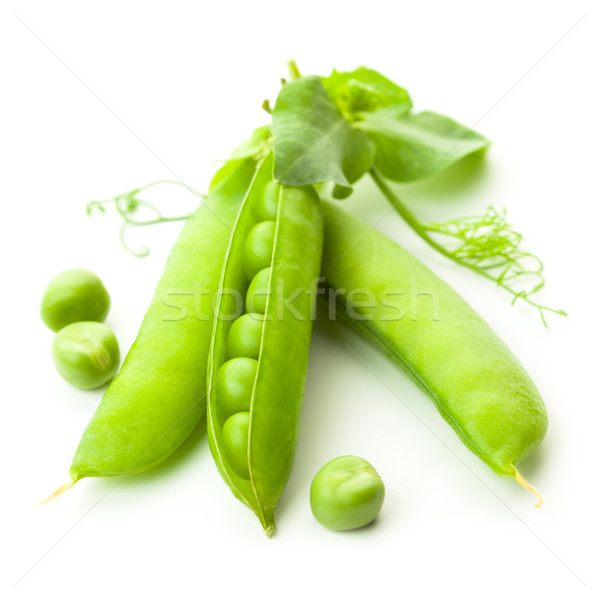 Stock photo: Fresh Pea's Pods, Open and Closed with leaves - isolated on whit