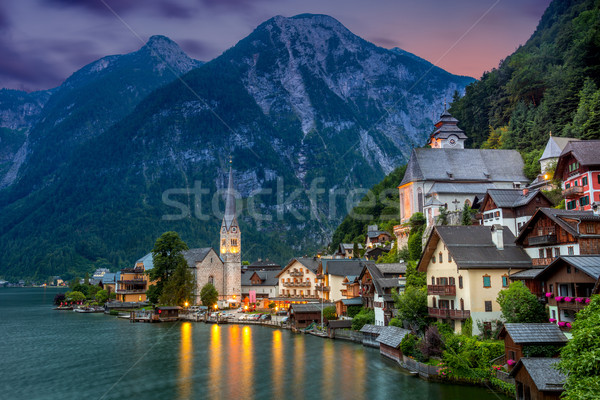 Stock photo: Hallstatt village in Alps and lake at dusk, Austria, Europe