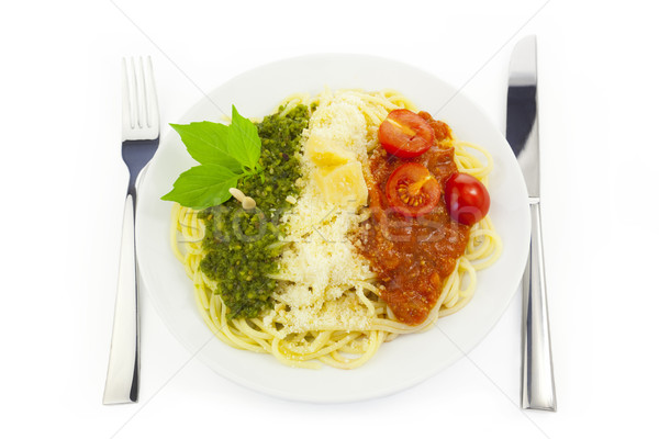 Stock photo: Italian flag - pasta with green pesto, white parmesan and red to