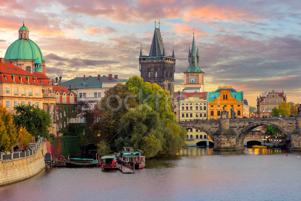 Famous Prague Landmarks - towers and bridge at sundown Stock photo © Taiga