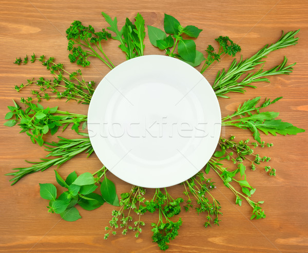 Fresh Herbs Collection as Border Around White Plate  Stock photo © Taiga