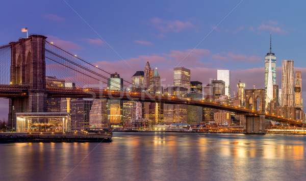 Stockfoto: Brug · Manhattan · wolkenkrabbers · zonsopgang · New · York · tijd