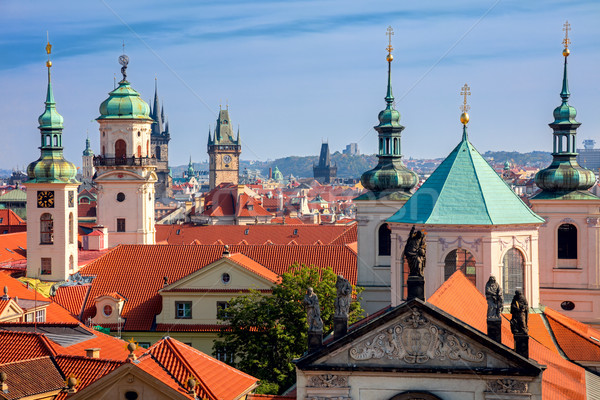 Stock photo: Aerial view of Prague city with red roofs in sunny day, Europe