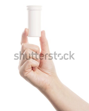 Foto stock: Mano · píldora · botella · aislado · blanco