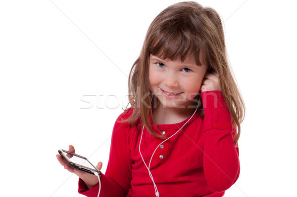 Stock foto: Mädchen · Musik · hören · cute · kleines · Mädchen · halten · mP3-Player