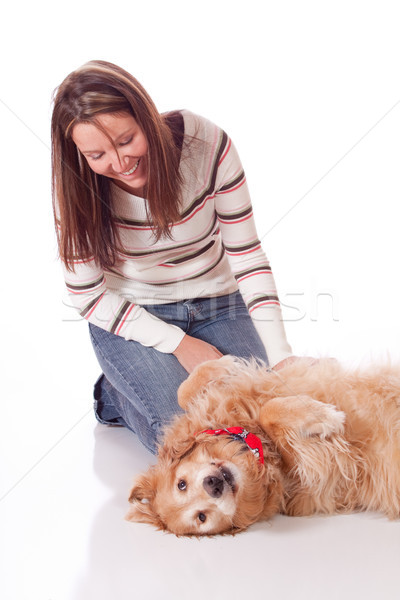 Stok fotoğraf: Genç · kadın · golden · retriever · sevimli · kadın · sevmek