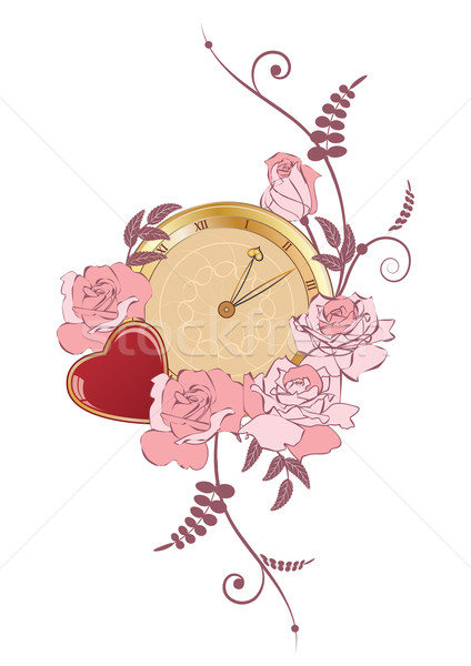 Stock photo: clock, heart and roses