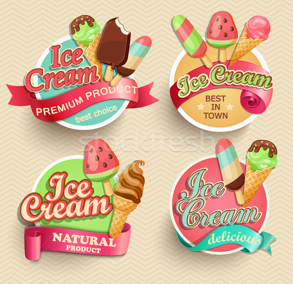 Stockfoto: Ijs · badges · achtergrond · winkel · dessert