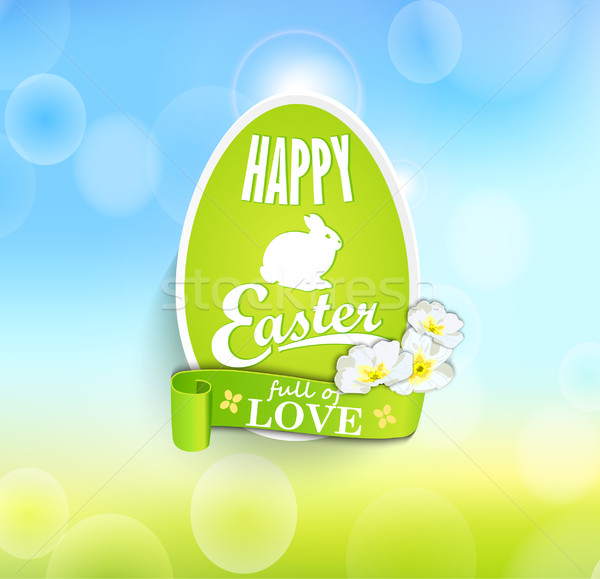 Foto stock: Huevos · de · Pascua · cinta · texto · flores · bokeh · primavera