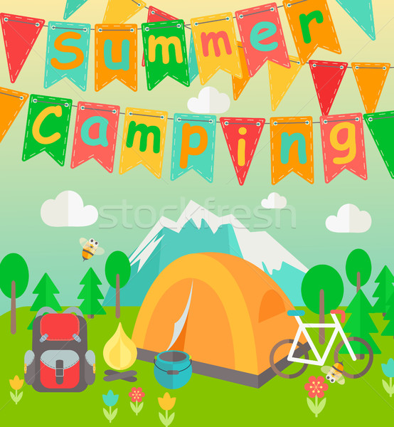 Zomervakantie kamp reizen zomerkamp poster stijl Stockfoto © tandaV