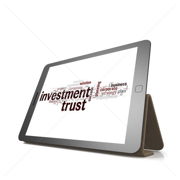 Stockfoto: Investering · vertrouwen · woordwolk · tablet · afbeelding · gerenderd