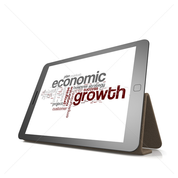 [[stock_photo]]: économique · croissance · nuage · de · mots · comprimé · image · rendu