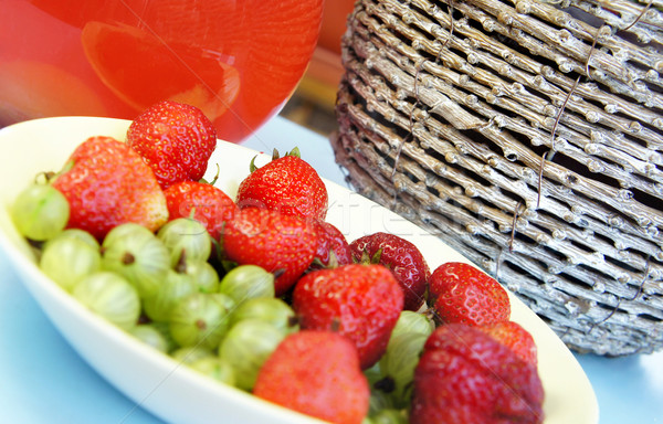 ストックフォト: 夏 · 果物 · ドリンク · イチゴ · バスケット · 新鮮果物