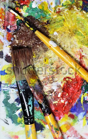 Beautiful vivid art palette and mix of paintbrushes  Stock photo © tannjuska