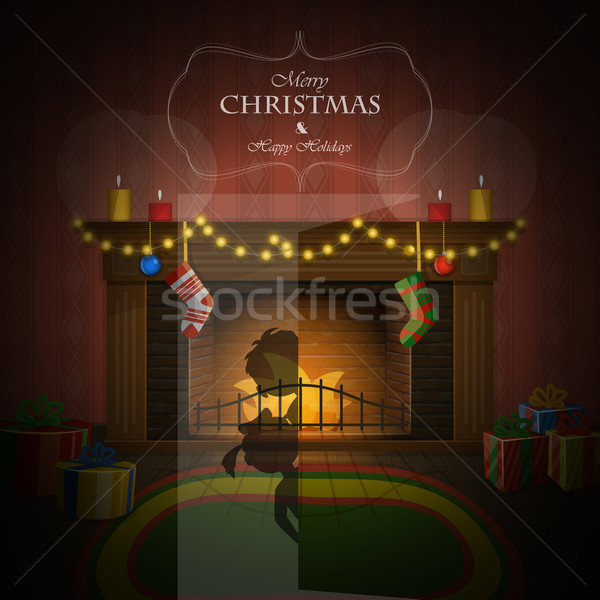 Foto stock: Natal · decorado · lareira · crianças · sala · de · estar