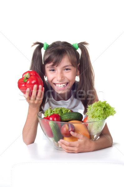 Foto stock: Hermosa · nina · hortalizas · blanco · alimentos · sonrisa