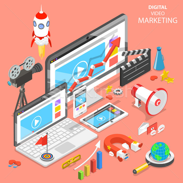 Digital video marketing flat isometric vector. Stock photo © TarikVision