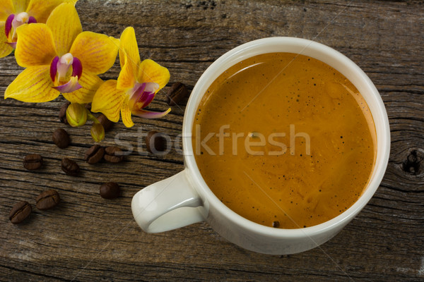Stock fotó: Kávéscsésze · citromsárga · orchidea · fából · készült · reggel · kávé