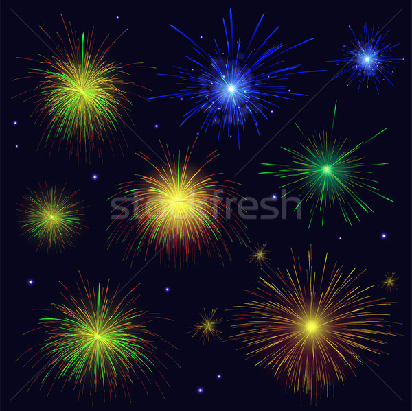 Multicolored sparkling vector blue, golden, green, red fireworks Stock photo © TasiPas