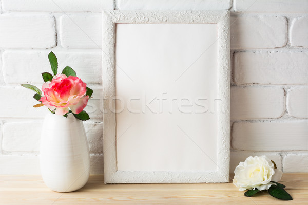 White frame mockup with pink and white roses Stock photo © TasiPas