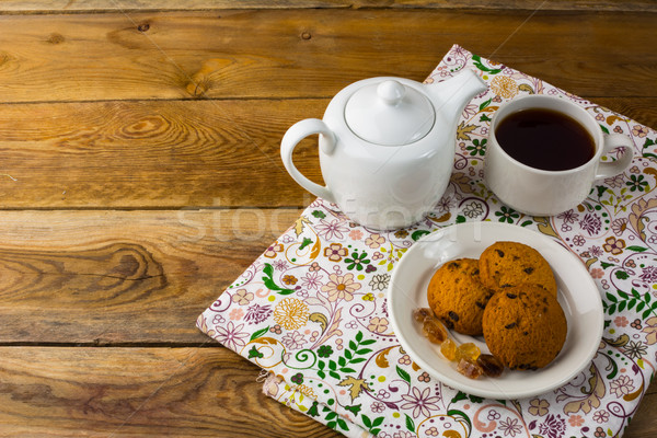 Tea cup and teapot, top view, copy space Stock photo © TasiPas