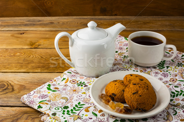 Stock photo: Teapot  and cup of tea, copy space