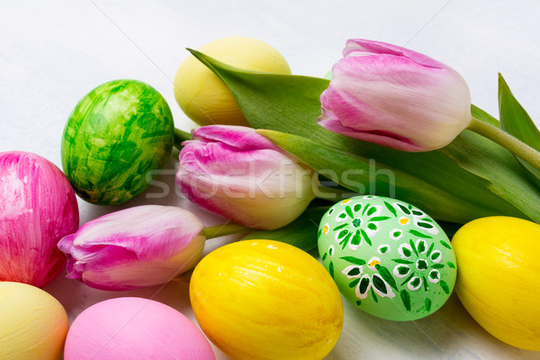[[stock_photo]]: Pâques · vert · jaune · rose · peint · oeufs