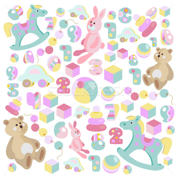 Teddy bear, rocking horse, pink rabbit toys vector set Stock photo © TasiPas