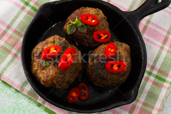 Foto stock: A · la · parrilla · albóndigas · chile · rebanadas · madera · cena