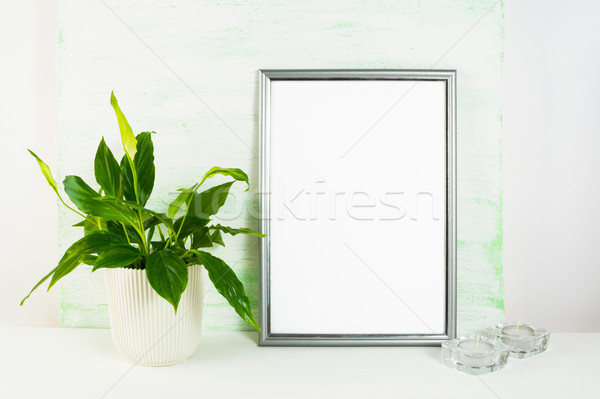 Stockfoto: Zilver · frame · bloempot · kaarsen · portret