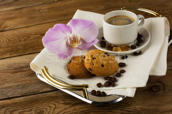 Café servi orchidée plateau tasse de café [[stock_photo]] © TasiPas