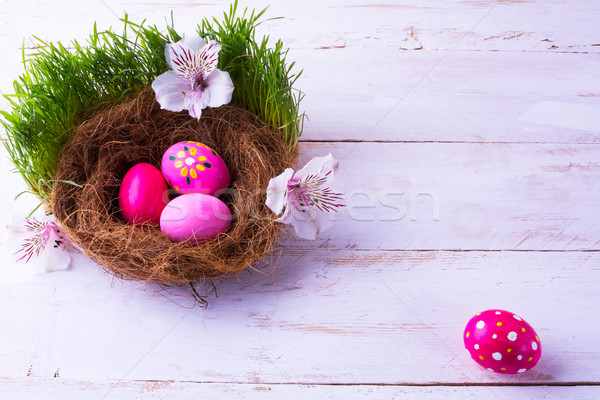 Ostereier Nest Gras rosa weißen Blüten grünen Stock foto © TasiPas