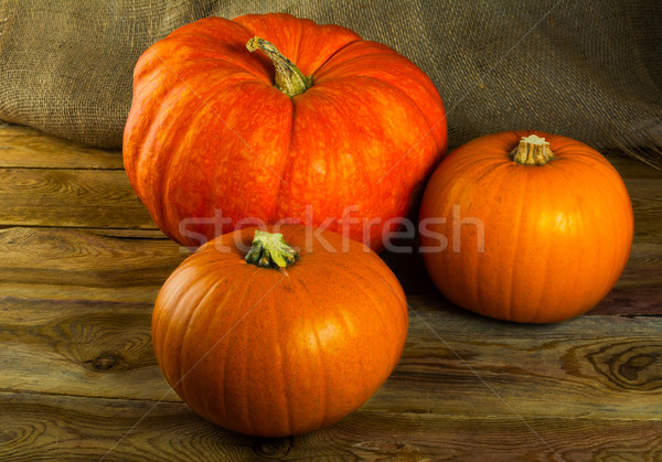 Pumpkins on dark wooden background Stock photo © TasiPas