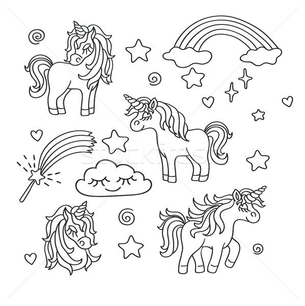 Unicorn, rainbow, magic wand vector sketch set Stock photo © TasiPas