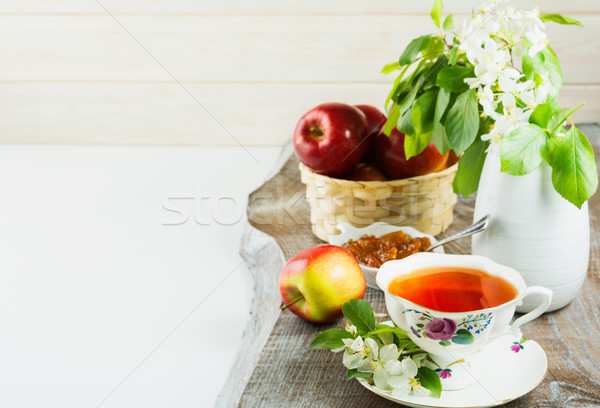 Stock photo: Tea cup and apple jam copy space