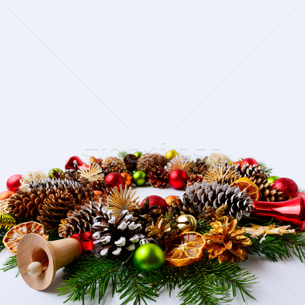 Stock photo: Christmas greeting background with red ornaments decorated wreat