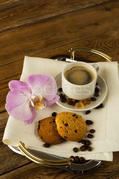 Ochtend koffiekopje dienblad beker koffie Stockfoto © TasiPas