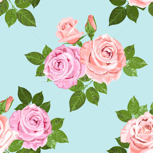 Pale pink and beige roses on the blue seamless pattern Stock photo © TasiPas