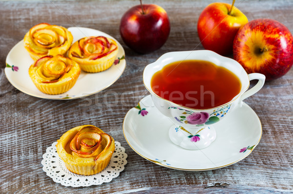 Homemade Apple rose cake and cup of tea Stock photo © TasiPas