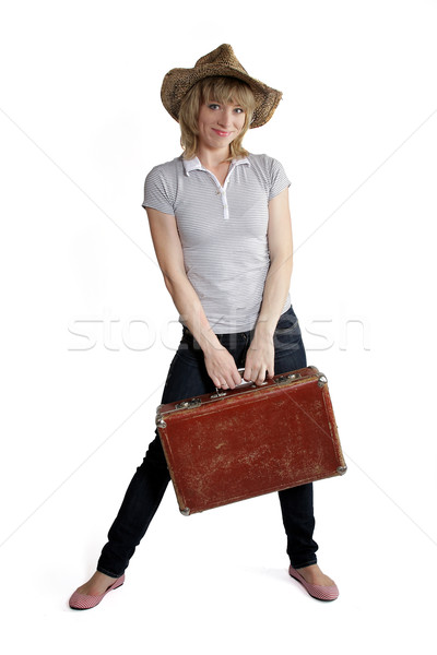 Stok fotoğraf: Kız · hasır · şapka · eski · bavul · beyaz