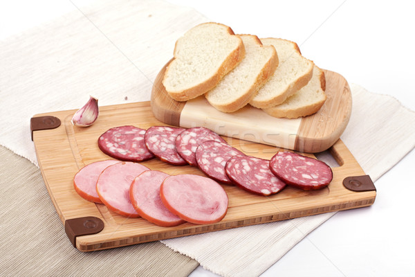 商業照片: 薩拉米 麵包 大蒜 / salami slicing next to bread