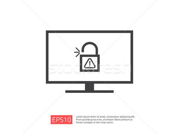 Stock photo: computer PC screen with open padlock attention icon exclamation warning alert sign. account access s