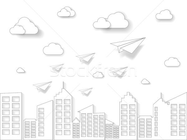 plane flying on white sky with cloud and building. illustration of business and leadership concept.  Stock photo © taufik_al_amin