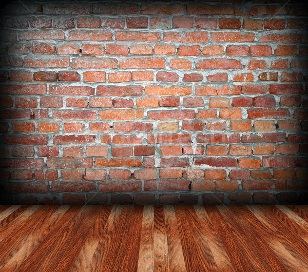 Sucio pared de ladrillo fondo caoba piso de madera casa Foto stock © taviphoto