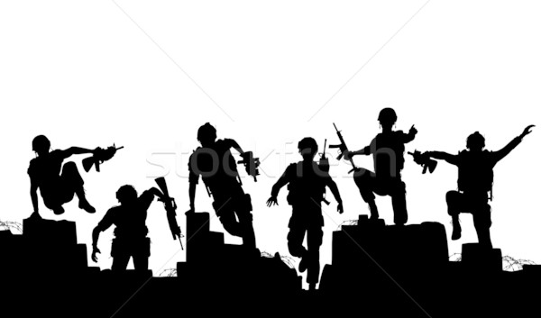 Szerkeszthető vektor sziluettek felfegyverzett katonák előre Stock fotó © Tawng
