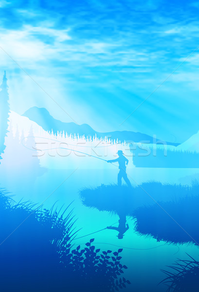 Wildnis Angler blau Illustration Landschaft Mann Stock foto © Tawng