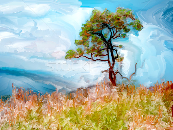 Tájkép fa festmény füves domboldal művészet Stock fotó © Tawng