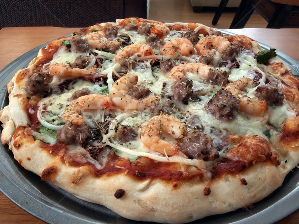 Foto stock: Pizza · camarão · salsicha · fresco · espinafre