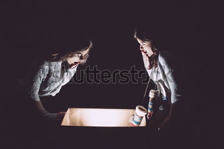 Sisters opens box with a Christmas present Stock photo © tekso